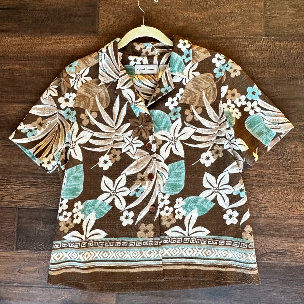 Vintage Alfred Dunner Hawaiian Summer Button Up Shirt 1980 SZ 8 brown blue khaki